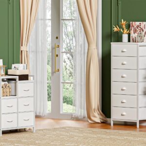 Furnulem White Tall Dresser for Bedroom,Vertical Storage Tower Unit and End Table with 6 Drawers, Nightstand Furniture with Fabric Drawer Organizer in Living Room,Closet,Entryway,Hallyway