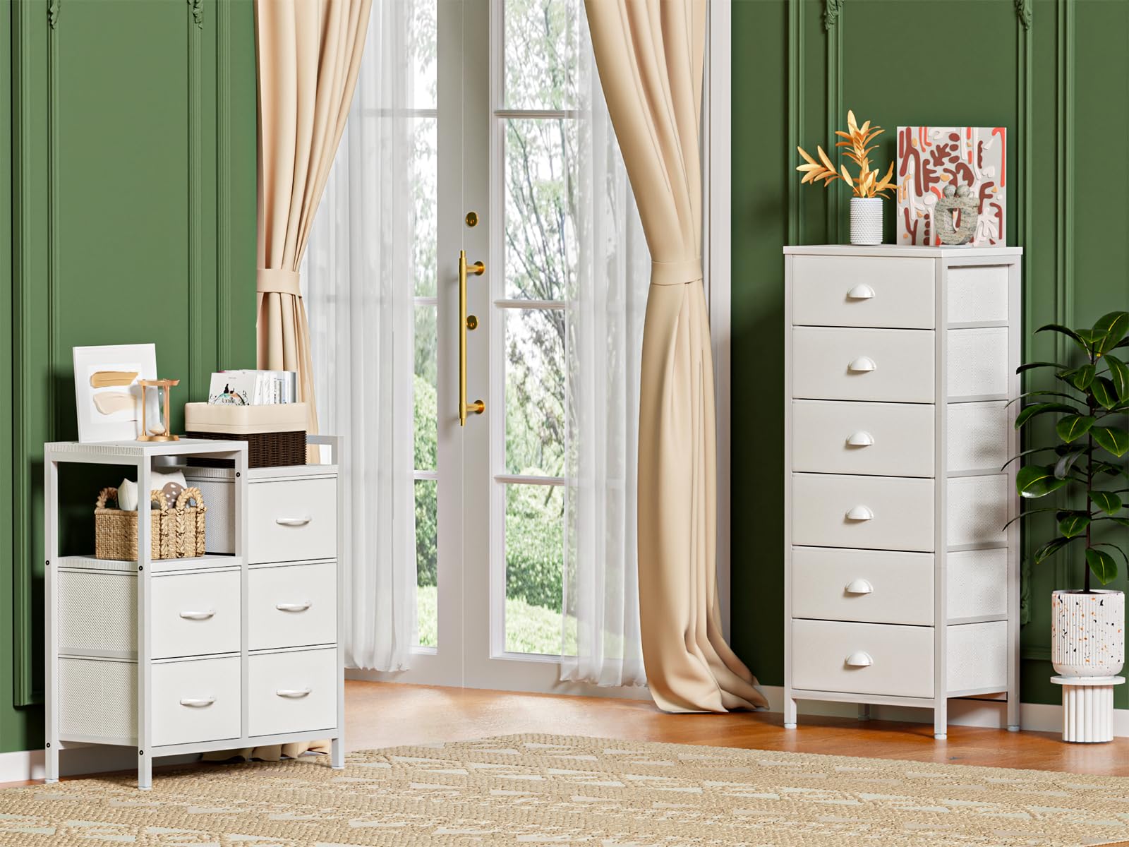 Furnulem White Tall Dresser for Bedroom,Vertical Storage Tower Unit and End Table with 6 Drawers, Nightstand Furniture with Fabric Drawer Organizer in Living Room,Closet,Entryway,Hallyway