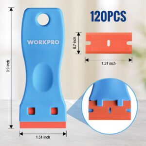 WORKPRO 3-Piece Plastic Razor Blade Scraper with 120 Pcs Plastic Razor Blades, for Gasket Remover, Labels Decal and Adhesive Remover for Windows and Glass