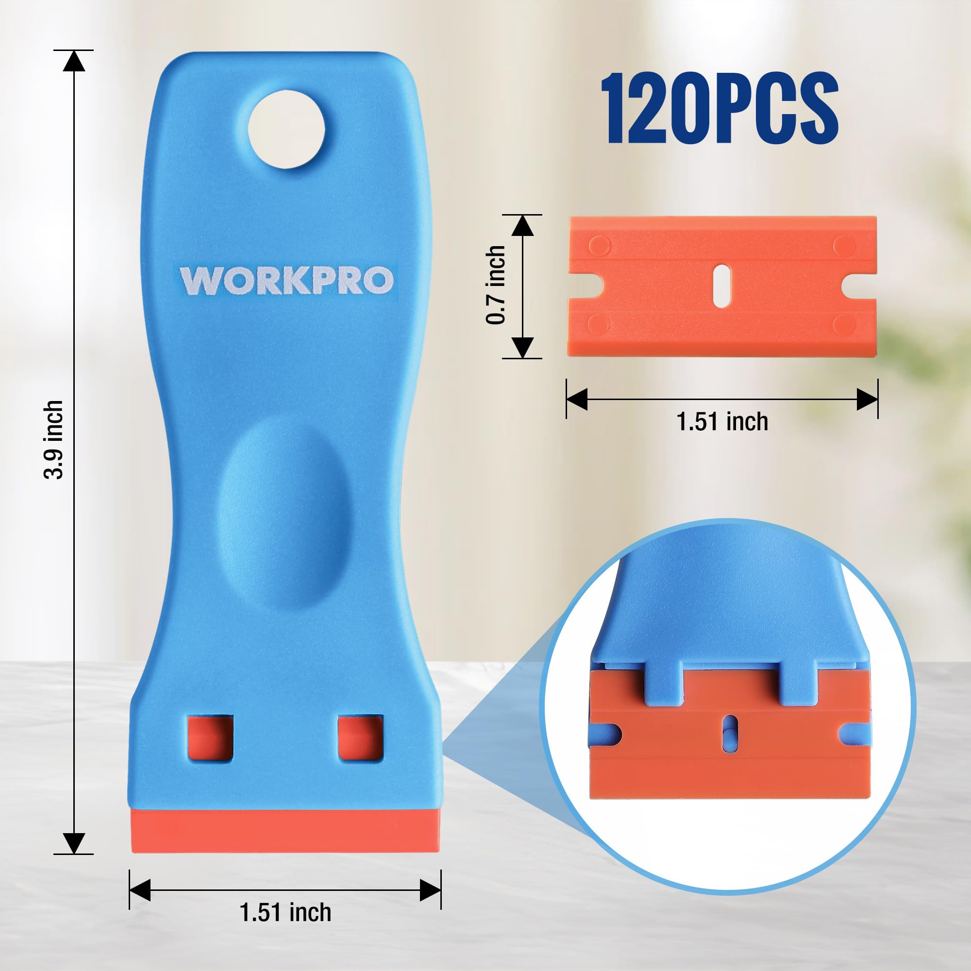 WORKPRO 3-Piece Plastic Razor Blade Scraper with 120 Pcs Plastic Razor Blades, for Gasket Remover, Labels Decal and Adhesive Remover for Windows and Glass