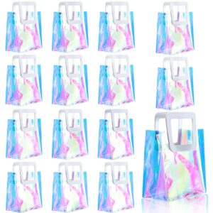 15 pcs reusable holographic small gift bags with handle 8.3''x8''x4'' iridescent bachelorette party favor bags clear pvc tote goodie bags for shopping, picnic, baby shower, wedding, holidays