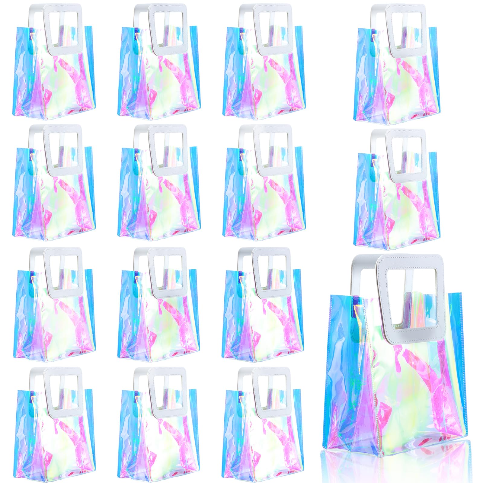 15 Pcs Reusable Holographic Small Gift Bags with Handle 8.3''x8''x4'' Iridescent Bachelorette Party Favor Bags Clear PVC Tote Goodie Bags for Shopping, Picnic, Baby Shower, Wedding, Holidays