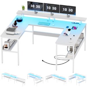 isunirm customizable u shaped desk, reversible l shaped computer desk with adjustable monitor stand & power outlets & led strip light, large office desk with storage shelves, home gaming table, white