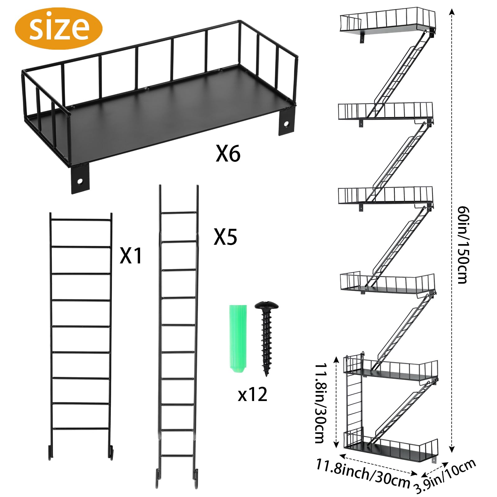 Zonon Fire Escape Wall Shelf Hanging Fire Escape Shelving Metal Ladder Decor Cool Bookshelf Fire Escape Wall Organizer Wall Floating Shelves Action Figure Shelf for Home Bedroom Room Display(6 Tier)