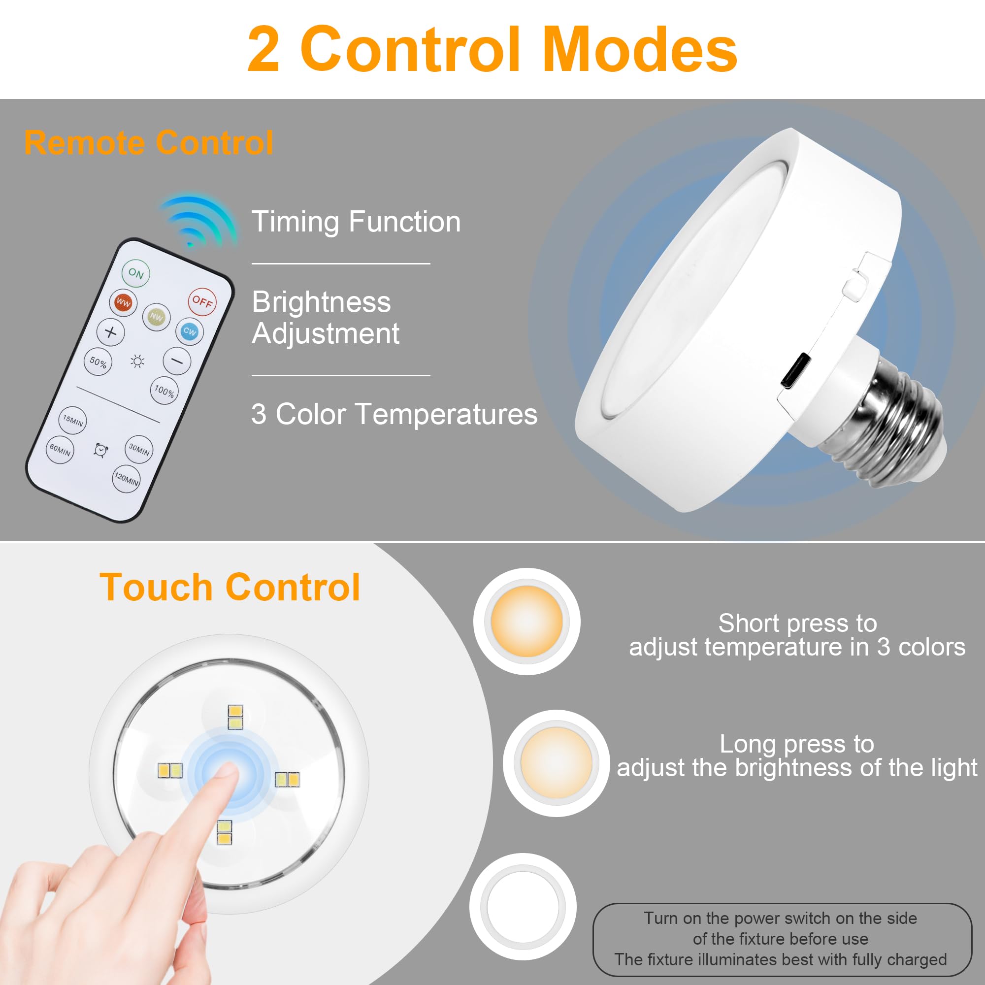 Rechargeable Battery Operated Light Bulb for Lamps, E26 Screw in (Magnetic Detachable) Puck Lights with Remote Control, Wireless Dimmable Timer Light Bulb for Non-Hardwired Wall Sconce (Pack of 2)