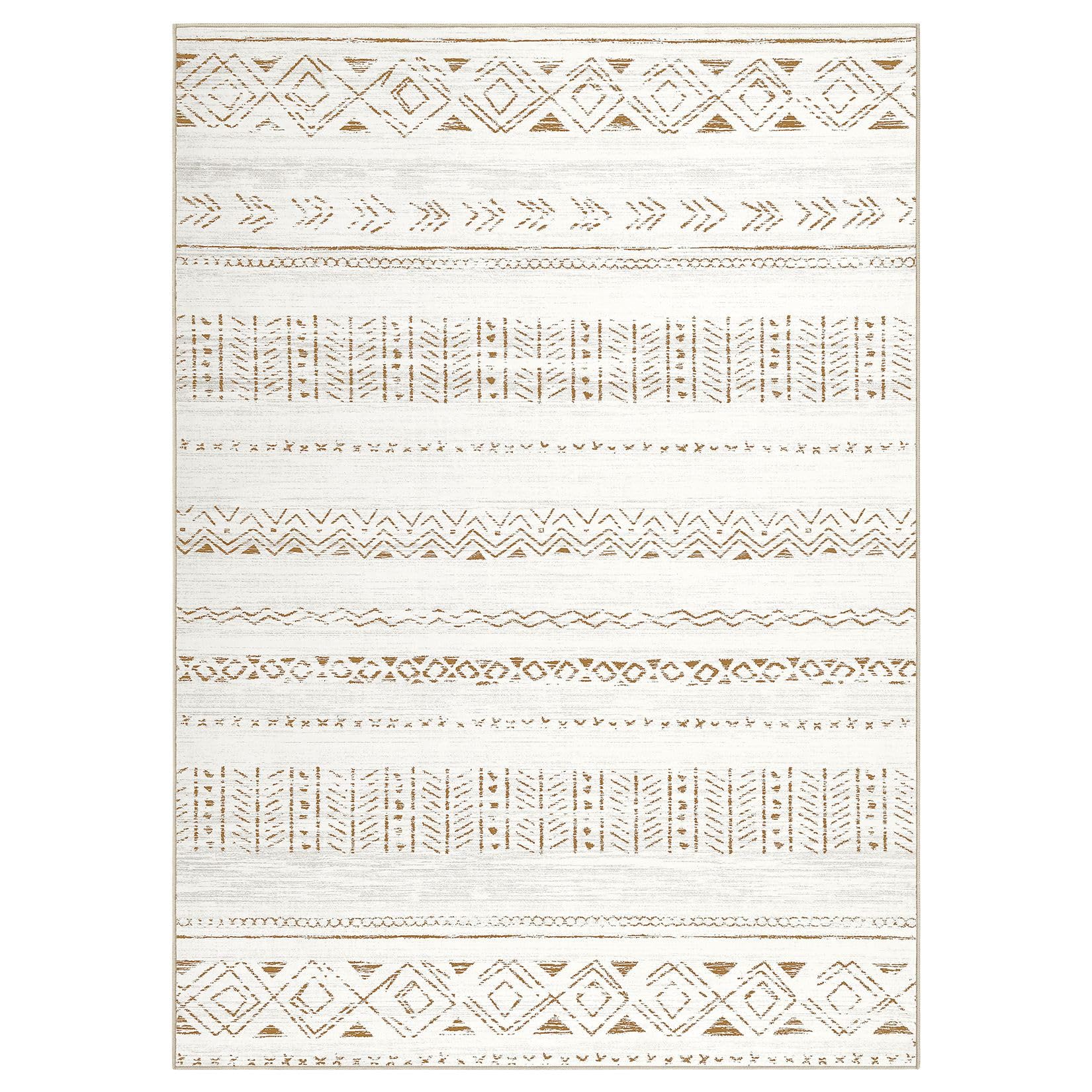 Large Living Room Area Rug 5x7: Soft Machine Washable Boho Moroccan Farmhouse Rugs for Bedroom Under Dining Table - Non-Slip Neutral Morden Indoor Floor Carpet for Home Office - Brown/Cream