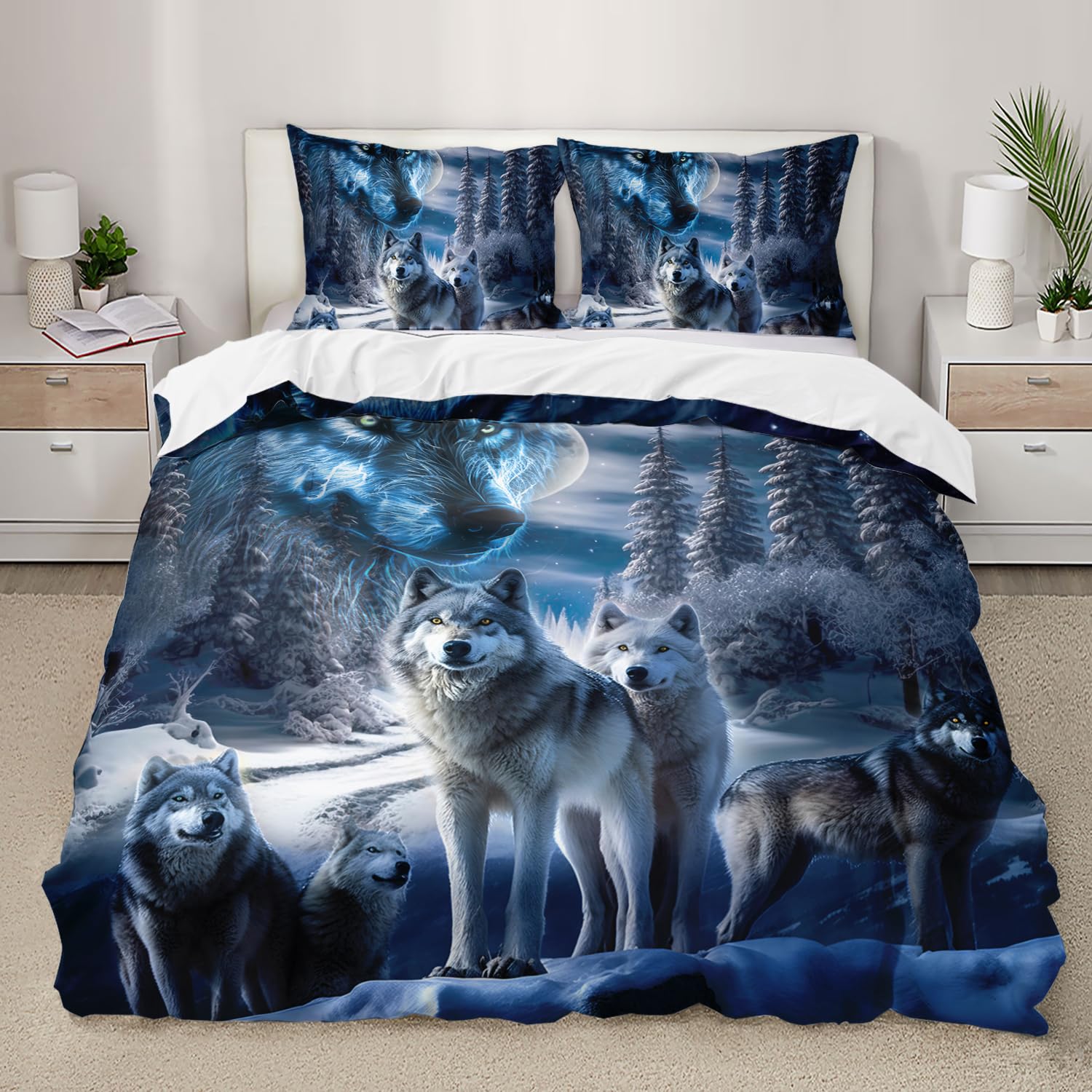 AILONEN Snow Wolf Bedding Queen Duvet Cover Set, 3D Night Galaxy Starry Wolf Comforter Cover Set,Wild Animals Wolf Themed Quilt Cover and 2 Pillowcases for Boys Adults, 3 Pieces