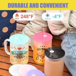 sweet grain Sublimation Glass Mug with Handle, 17 oz 6 Pack Frosted Glass Coffee Mugs with Colored Acrylic Lid, for Coffee, Tea, Cocoa, Milk