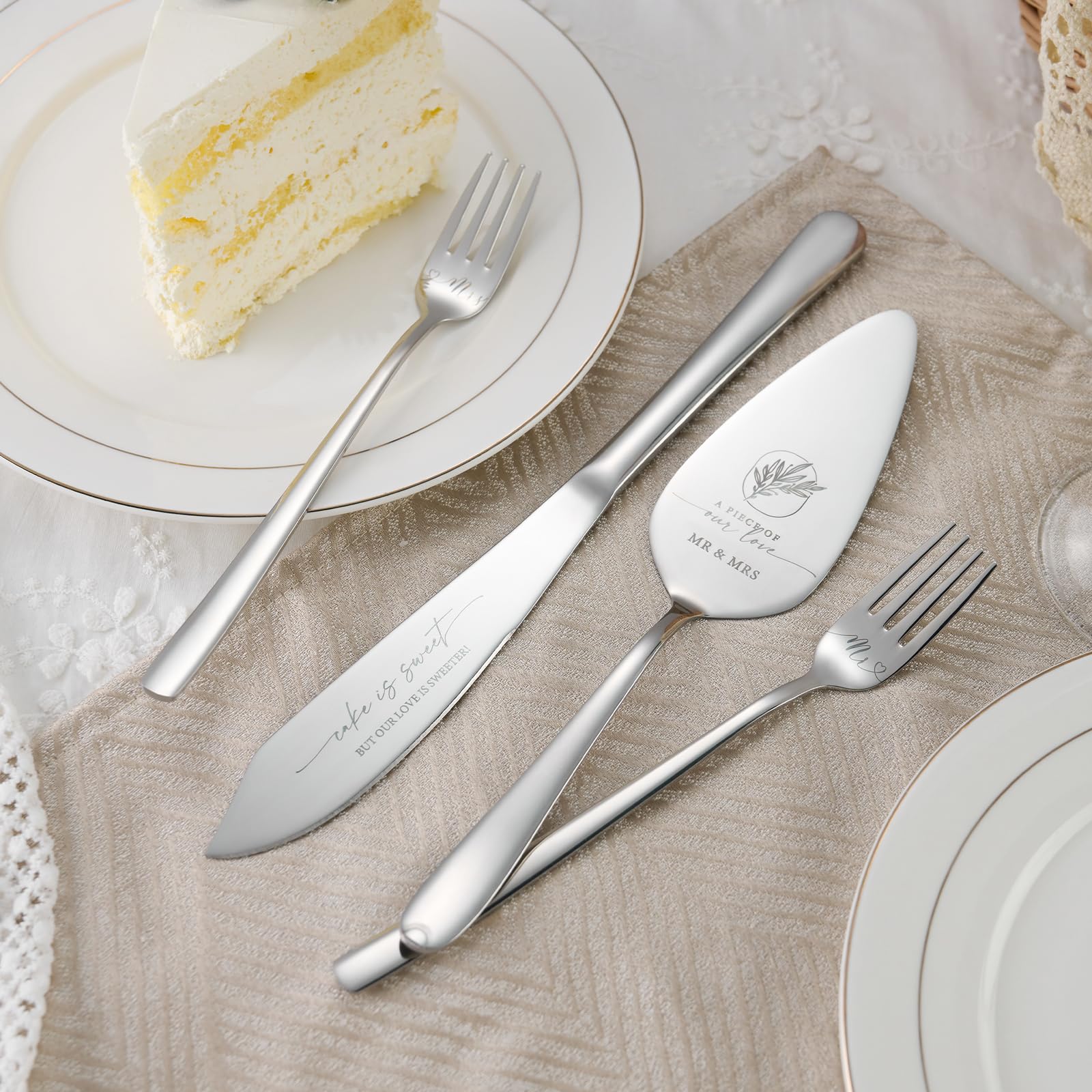 AW BRIDAL 4Pcs Wedding Cake Knife and Server set with Forks, Stainless Steel Engraved Cake Cutting and Pie Server Gifts for Bridal Shower Engagement, Silver