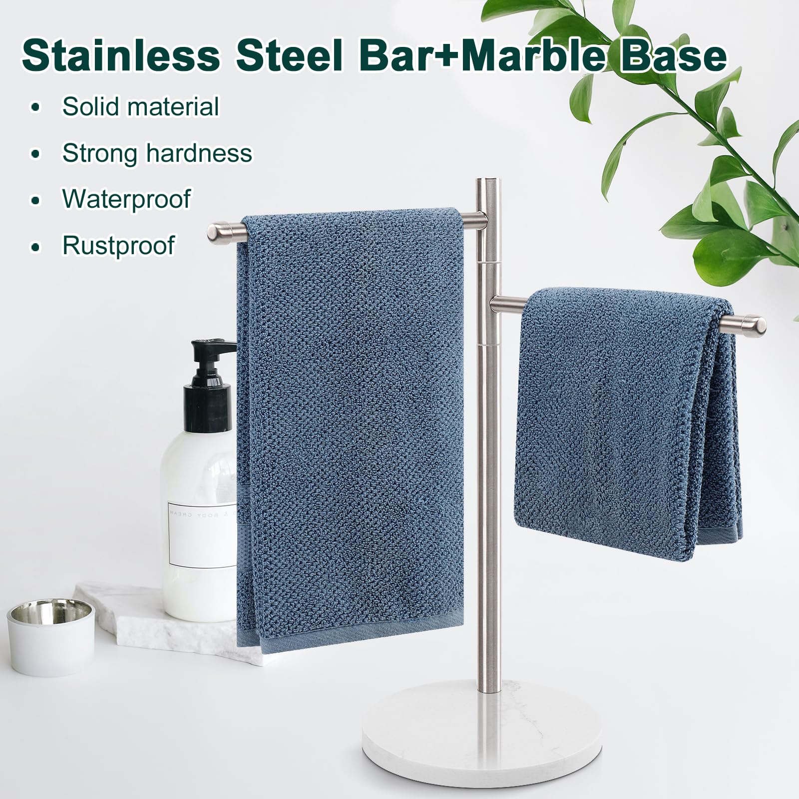 BathAce Hand Towel Holder, F-Shape Hand Towel Stand with Marble Base, Stainless Steel Swivel Stand Hand Towel Rack Free-Standing Towel Bar for Bathroom Kitchen Countertop, 2 Arms (Brushed Nickel)