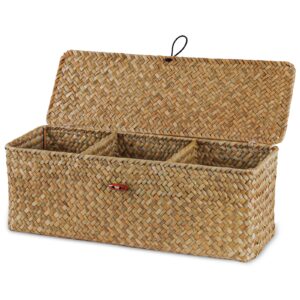 taotazon woven basket for toilet with lid, seagrass tank woven basket organizer with 3 sections, toilet tank basket with wood tray for toilet, dresser(big size: 16.6 * 5.7 * 5.5inch)