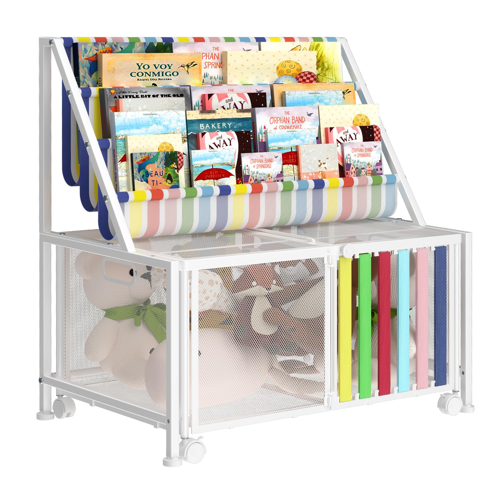 MESHDO Kids Book Shelf with Storage, 3 Sling Bookshelf for Kids, Metal Book Shelf for Kids Rooms, Bookcase with Toy Storage Organizer Box on Wheels for Nursery, Toddler's Room, Bedroom, Playroom