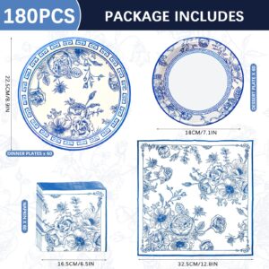 180PCS Blue White Floral Party Supplies Serve 60, Blue Flower Party Paper Plates and Napkins Kit for Bridal Baby Shower Wedding Tea Party Decorations, Includes Dinner Plates, Dessert Plates, Napkins