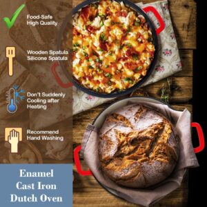 HaSteeL 2 in 1 Enameled Cast Iron Dutch Oven, 5 QT Pot & 2 Quart Skillet Lid Pan, Non-Stick Cookware Multi Cooker for Bread Baking Cooking Stewing, Suit for All Cooktops, Dual Handles & Oven Safe, Red