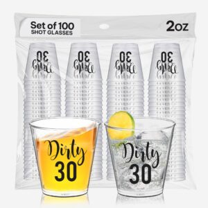 dirty 30 shot glasses disposable 100 pcs - 2oz 30th birthday cups, dirty thirty birthday decorations for her, 30th birthday party favors, 30th birthday decorations for him - clear plastic shot glasses