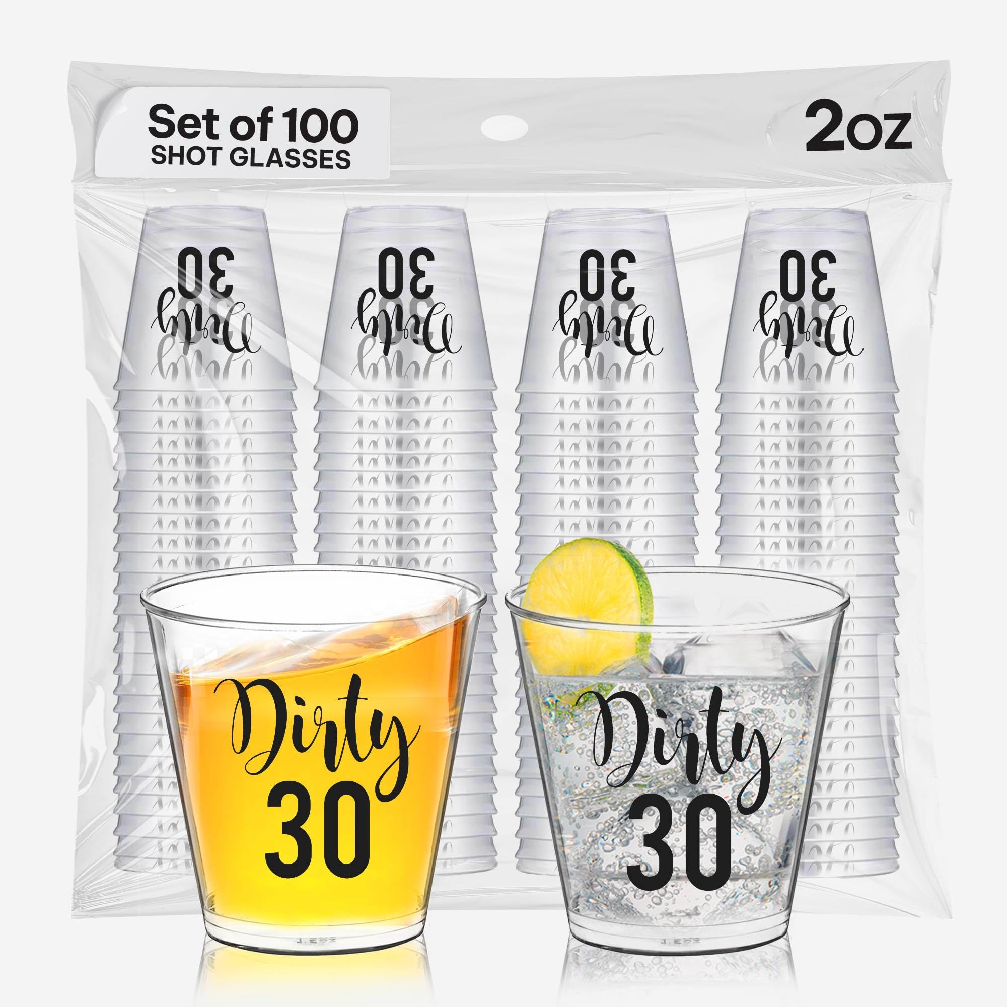 Dirty 30 Shot Glasses Disposable 100 PCS - 2oz 30th Birthday Cups, Dirty Thirty Birthday Decorations for Her, 30th Birthday Party Favors, 30th Birthday Decorations for Him - Clear Plastic Shot Glasses