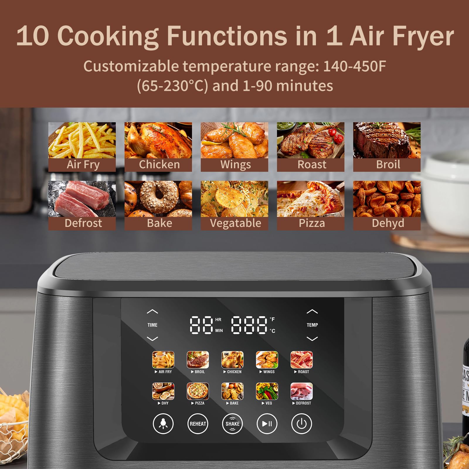 SEEDEEM Max XL Air Fryer, 8 Quart, 10-in-1 Hot Air Fryer Oven with Color LCD Display Touchscreen, Air Fryer Toaster Oven Combo with ClearCook Cooking Window,Broil, Roast, Dehydrate, Bake, Black