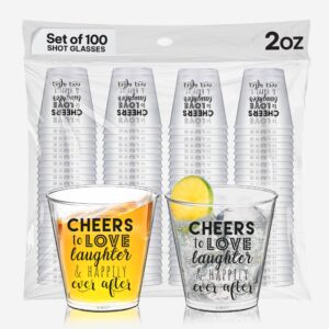 cheers to love laughter and happily ever after shot glass - 100 pcs disposable shot glasses 2oz - wedding shot glasses, perfect wedding favors for guests, bridal party shot glasses