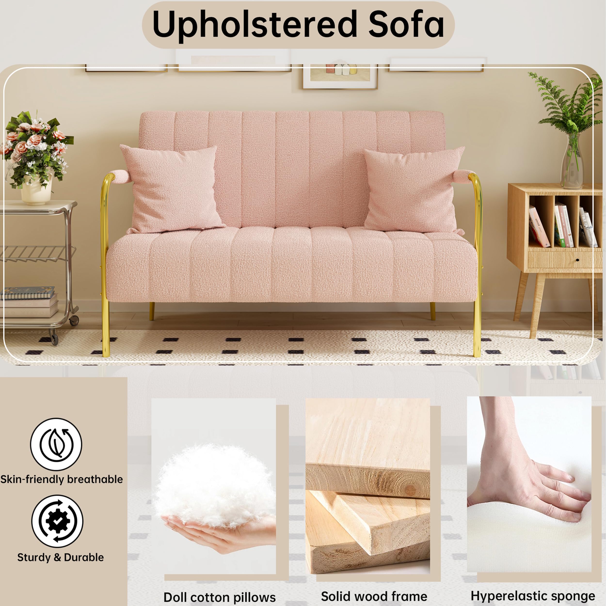 Klwenas Maec 59" Modern Cashmere Loveseat Sofa,Tufted Small Love Seat w/2 Pillows Golden Chrome Legs,2-Seater Upholstered Mini Sofa Couches for Small Space,Living Room Home Office (Pink)