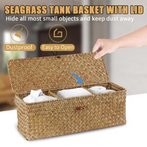 TaoTazon Woven Basket for Toilet With Lid, Seagrass Tank Woven Basket Organizer with 3 Sections, Toilet Tank Basket with Wood Tray for Toilet, Dresser(Big Size: 16.6 * 5.7 * 5.5inch)