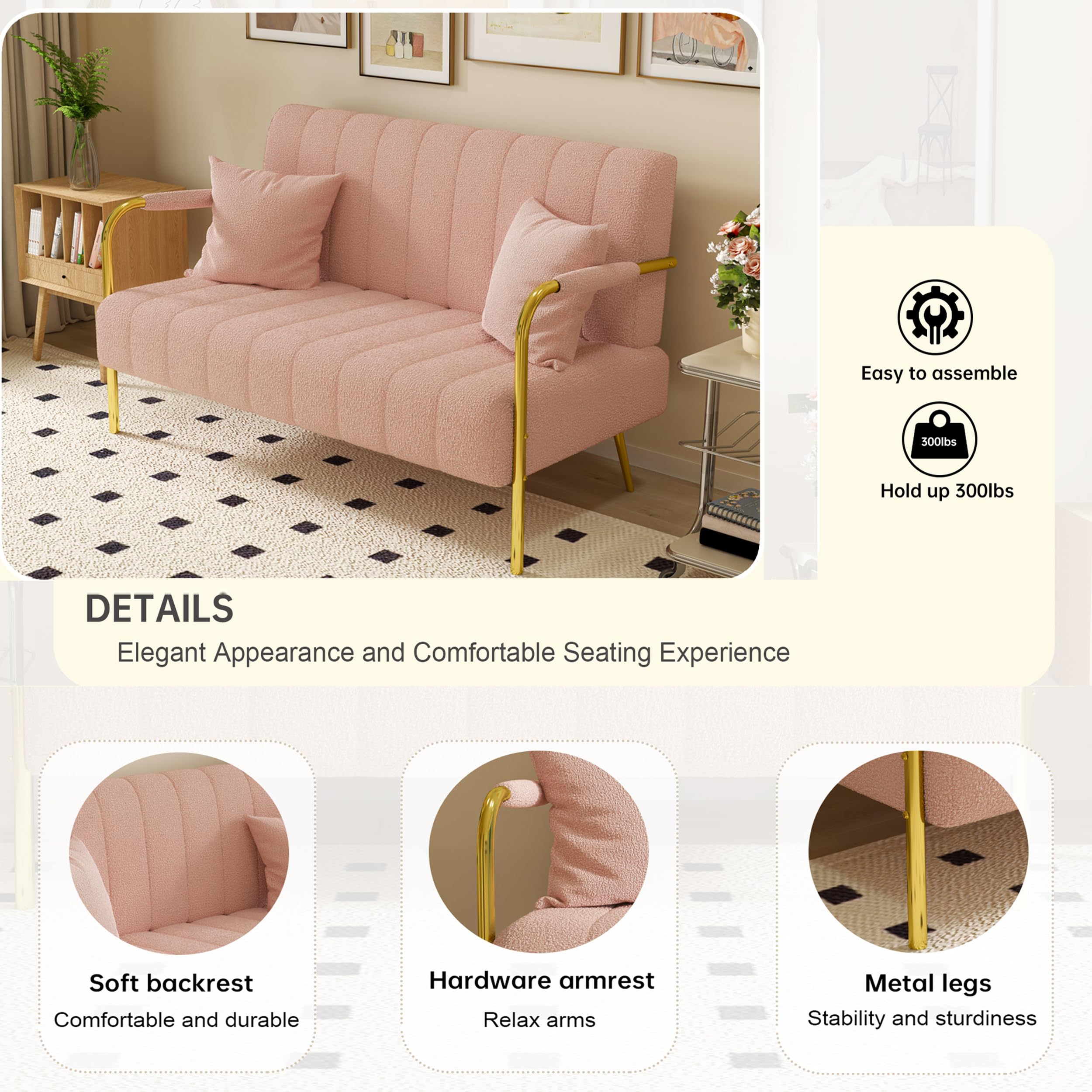 Klwenas Maec 59" Modern Cashmere Loveseat Sofa,Tufted Small Love Seat w/2 Pillows Golden Chrome Legs,2-Seater Upholstered Mini Sofa Couches for Small Space,Living Room Home Office (Pink)