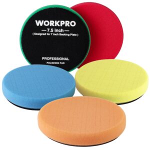 workpro 7.5 inch buffing sponge pads, 5pcs 7.5 inch face for 7 inch backing plate, cutting polishing pad kit for car buffer polisher compounding, polishing and waxing