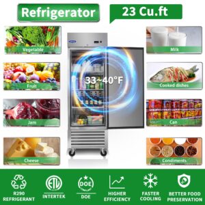 ORIKOOL 27" W Commercial Refrigerator Upright, 33℉ ~ 40℉ Stainless Steel Reach-in Refrigerator, 3 Adjustable Shelves, LED Lighting, 23 Cu.ft