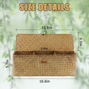 TaoTazon Woven Basket for Toilet With Lid, Seagrass Tank Woven Basket Organizer with 3 Sections, Toilet Tank Basket with Wood Tray for Toilet, Dresser(Big Size: 16.6 * 5.7 * 5.5inch)