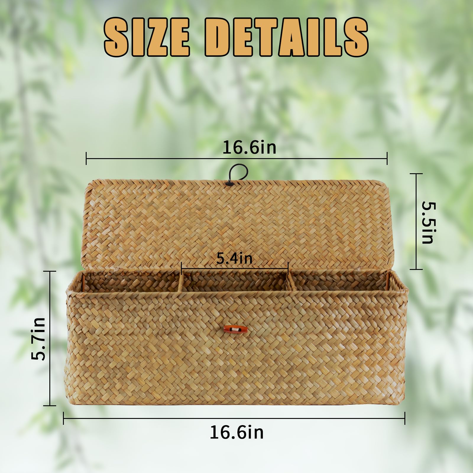 TaoTazon Woven Basket for Toilet With Lid, Seagrass Tank Woven Basket Organizer with 3 Sections, Toilet Tank Basket with Wood Tray for Toilet, Dresser(Big Size: 16.6 * 5.7 * 5.5inch)