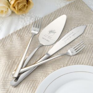 AW BRIDAL 4Pcs Wedding Cake Knife and Server set with Forks, Stainless Steel Engraved Cake Cutting and Pie Server Gifts for Bridal Shower Engagement, Silver