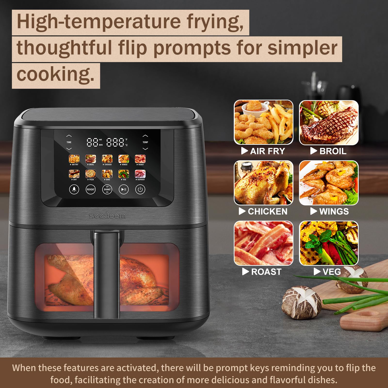 SEEDEEM Max XL Air Fryer, 8 Quart, 10-in-1 Hot Air Fryer Oven with Color LCD Display Touchscreen, Air Fryer Toaster Oven Combo with ClearCook Cooking Window,Broil, Roast, Dehydrate, Bake, Black