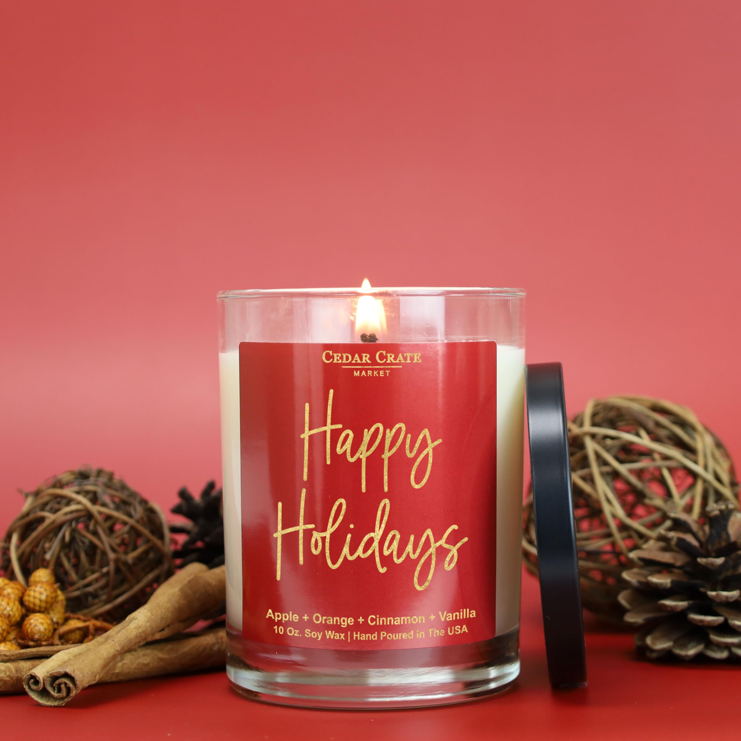 Cedar Crate Market - Happy Holidays Christmas Candle - Apple + Orange + Cinnamon + Vanilla Scented Soy Candles for Home | 13.5 oz Clear Jar, 55+ Hour Burn Time, Made in The USA