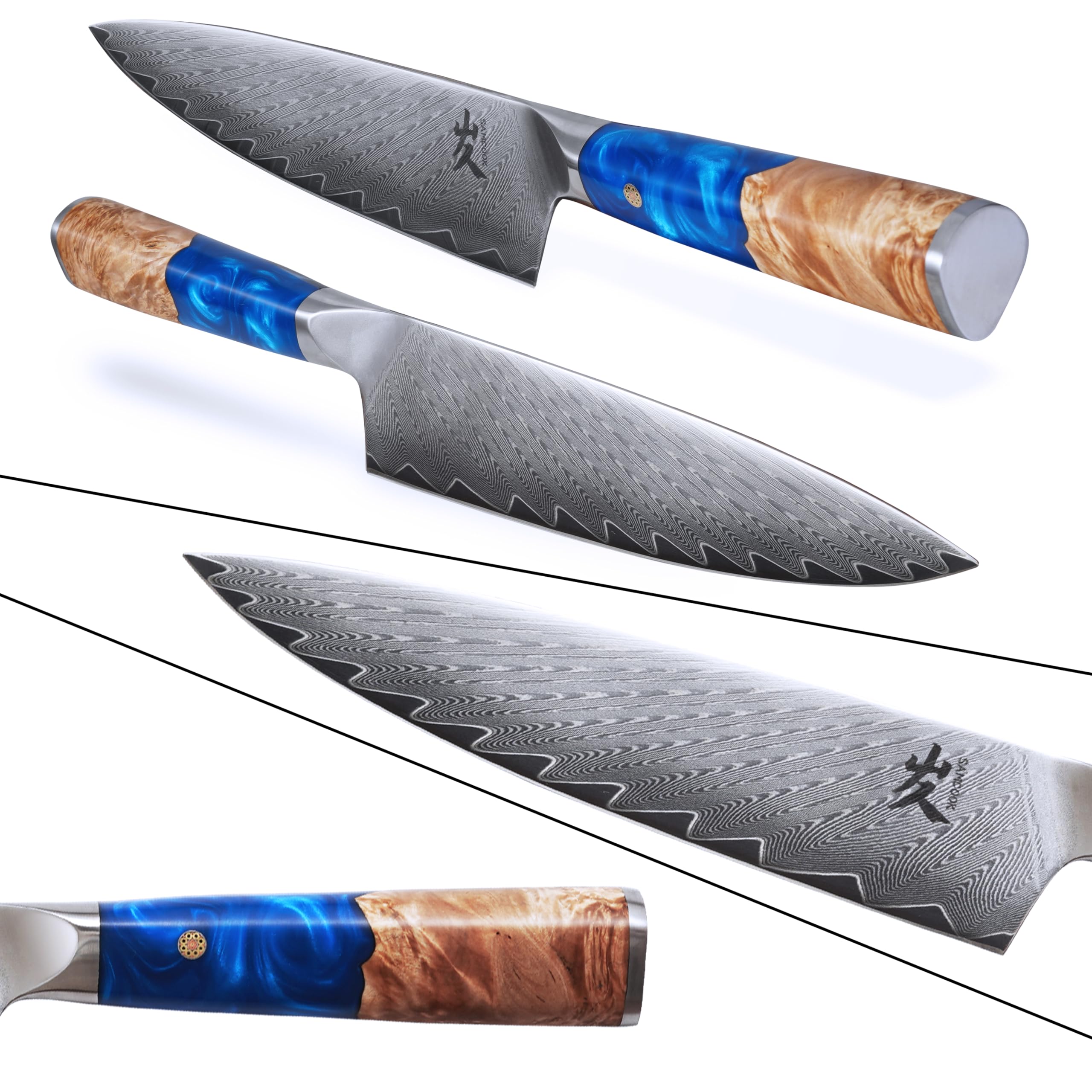 SAMCOOK Chef Knife - 8 Inch 67 Layer Forged Damascus Japan VG-10 Stainless Steel Kitchen Knives Blue Resin Wood Handle High Strength And Good Toughness Razor Sharp Cutting Meat