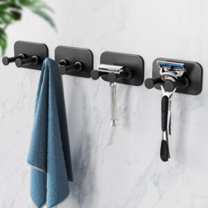 susswiff adhesive shower hooks for bathroom - razor holder for inside shower, heavy duty hooks for towel, shaver, robe and loofah, door hooks for hanging, wall mounted, black, 4 pack