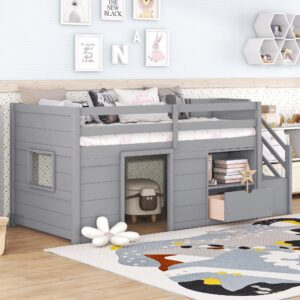 deyobed twin size low loft bed with play space, functional solid wood bed frame with stair, drawer and shelf for kids girls boys, gray