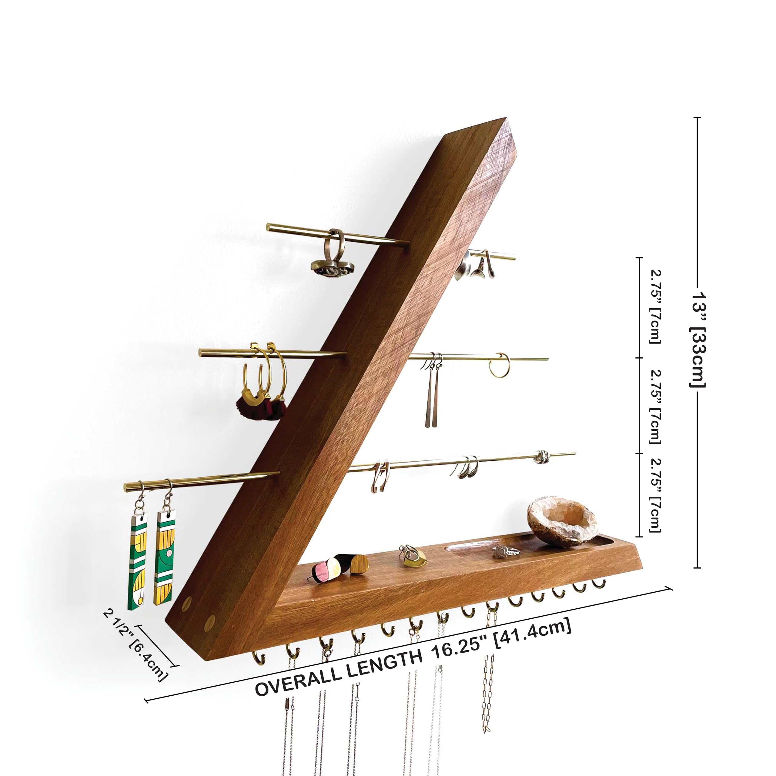 FigureGrain Jewelry Organizer Wall Mounted, Hardwood Hanging Jewelry Holder, Open Triangle Jewelry Display Shelf for Necklaces, Earrings, Rings and Bracelets, Gift for her, Patented (Acacia)