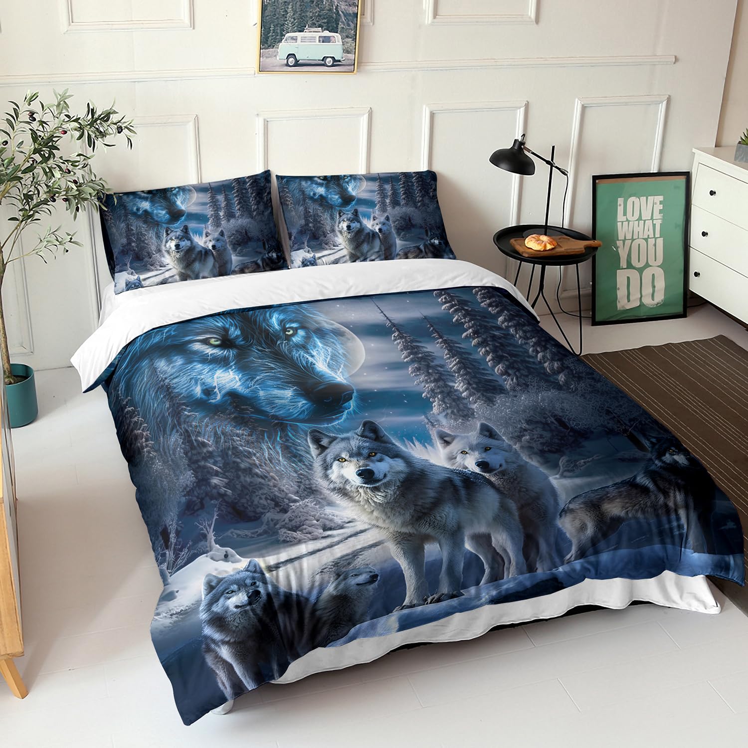 AILONEN Snow Wolf Bedding Queen Duvet Cover Set, 3D Night Galaxy Starry Wolf Comforter Cover Set,Wild Animals Wolf Themed Quilt Cover and 2 Pillowcases for Boys Adults, 3 Pieces