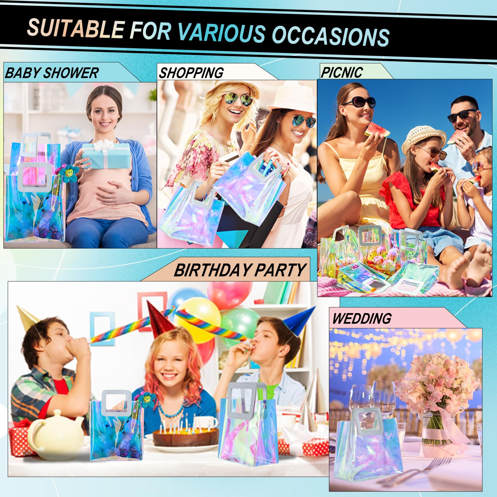 15 Pcs Reusable Holographic Small Gift Bags with Handle 8.3''x8''x4'' Iridescent Bachelorette Party Favor Bags Clear PVC Tote Goodie Bags for Shopping, Picnic, Baby Shower, Wedding, Holidays