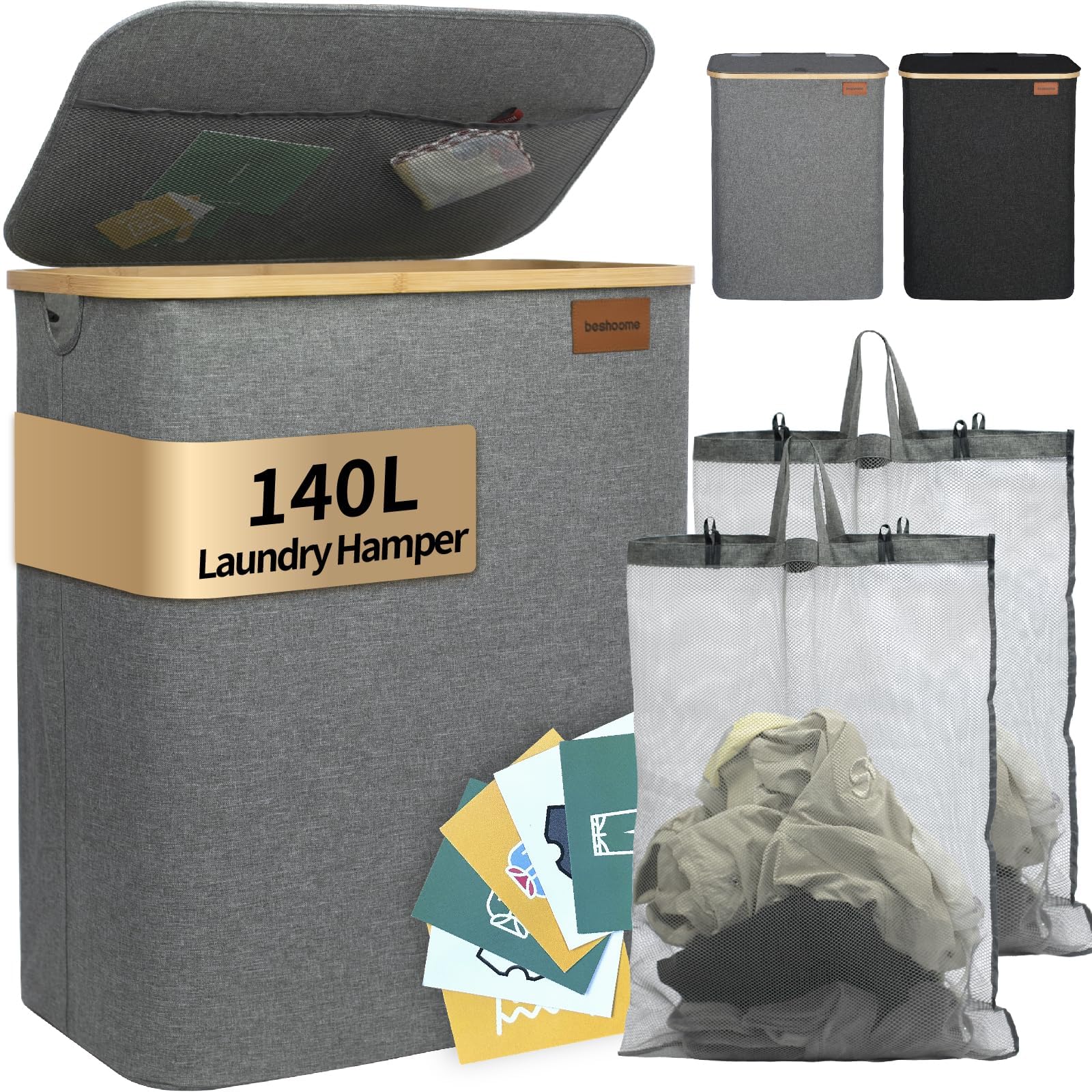 BESHOOME Grey Laundry Hamper with Lid, 140L Extra Large Laundry Basket, 2 Section Laundry Hamper, Laundry Hamper with Handle and Removable Bags, Double Laundry Hamper, Foldable Dirty Clothes Hamper