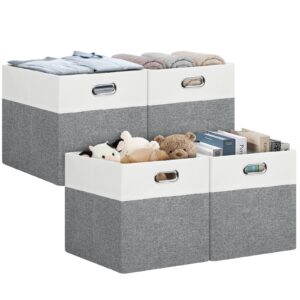 bellzacasa storage cubes, 13×13×13 linen fabric collapsible storage bins for organization, foldable storage baskets with handles for closet, shelves, offices, toys, set of 4, white&gray