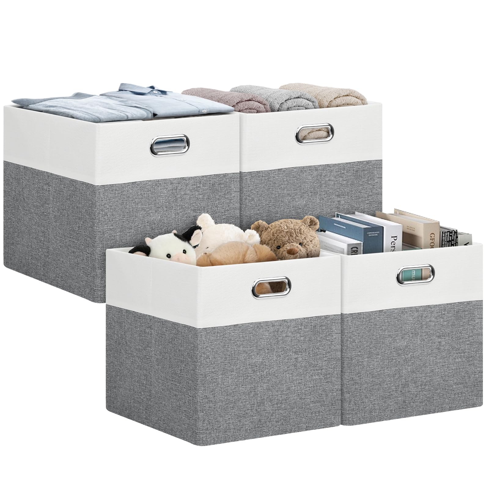 Bellzacasa Storage Cubes, 13×13×13 Linen Fabric Collapsible Storage Bins for Organization, Foldable Storage Baskets with Handles for Closet, Shelves, Offices, Toys, Set of 4, White&Gray