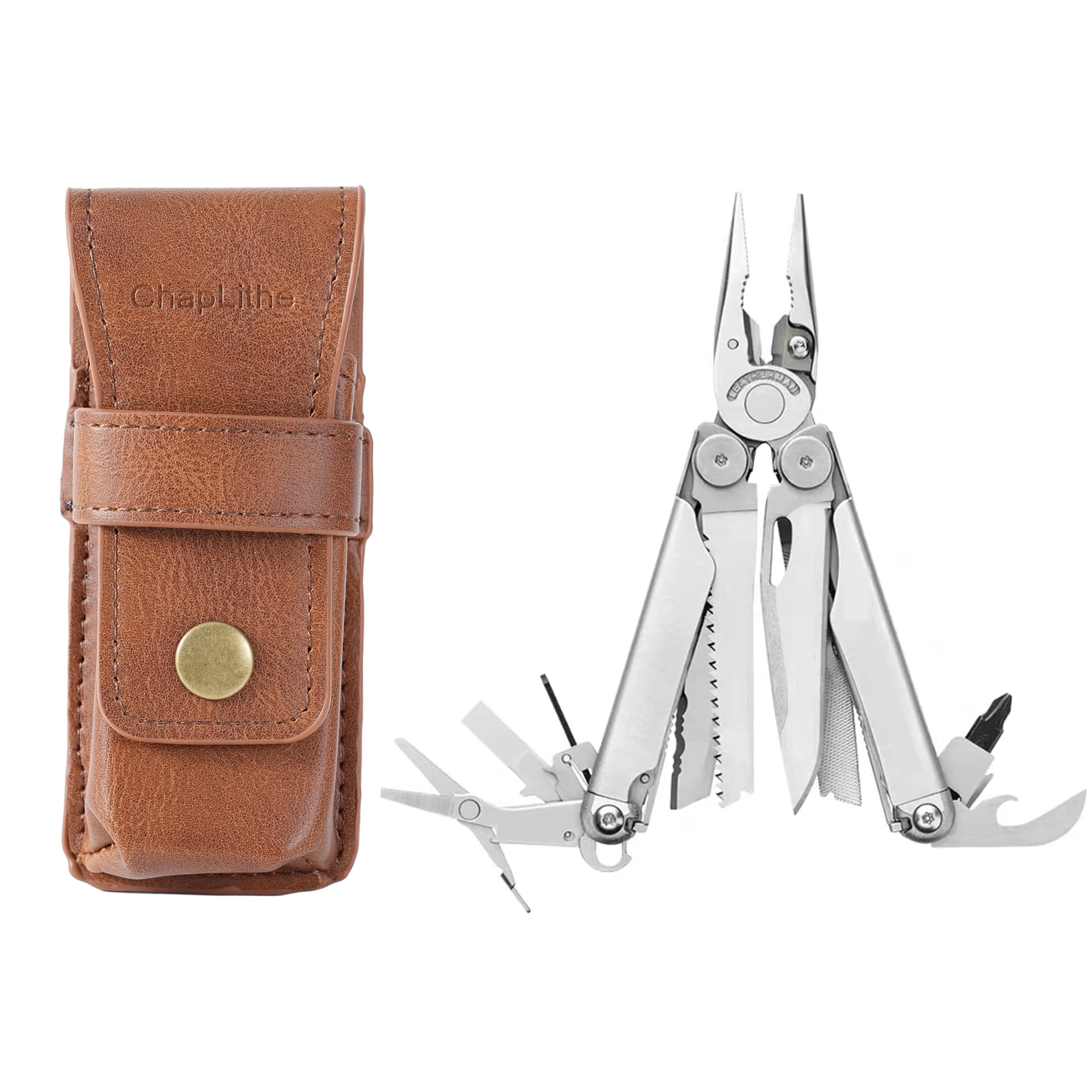 ChapLithe Premium Leather Sheath for Leatherman Wave/Wave plus, Free P2/ P4, Skeletool, Multi-Tools Case.(Medium)