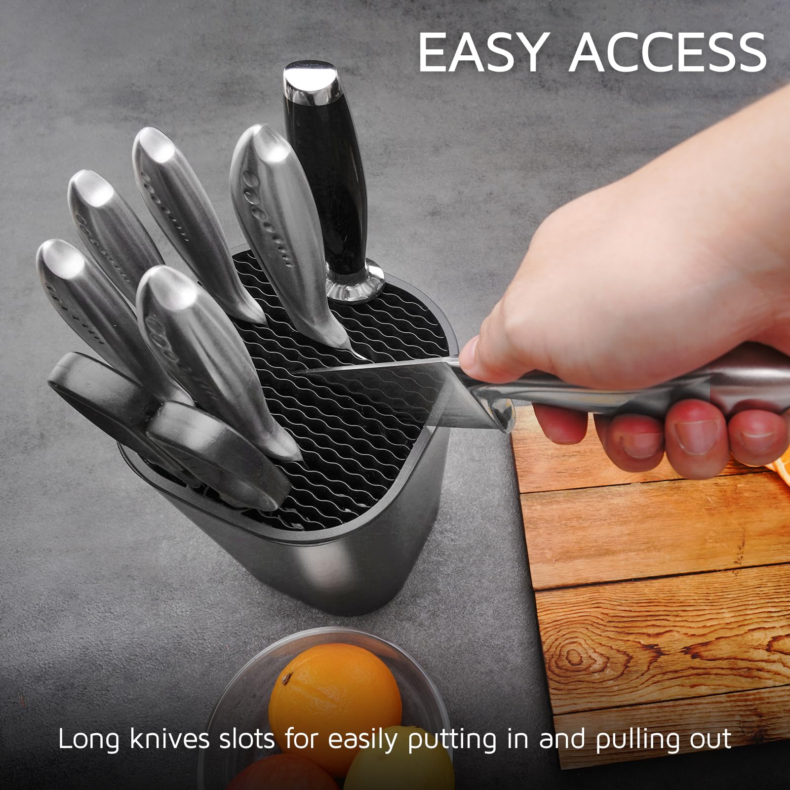 Universal Knife Block for Kitchen, WELLSTAR Knife Holder without Knives, Safe Space Saver Large Volume Stable Knife Storage with Scissors and Sharpening Rod Slot, Detachable for Easy Cleaning - Black