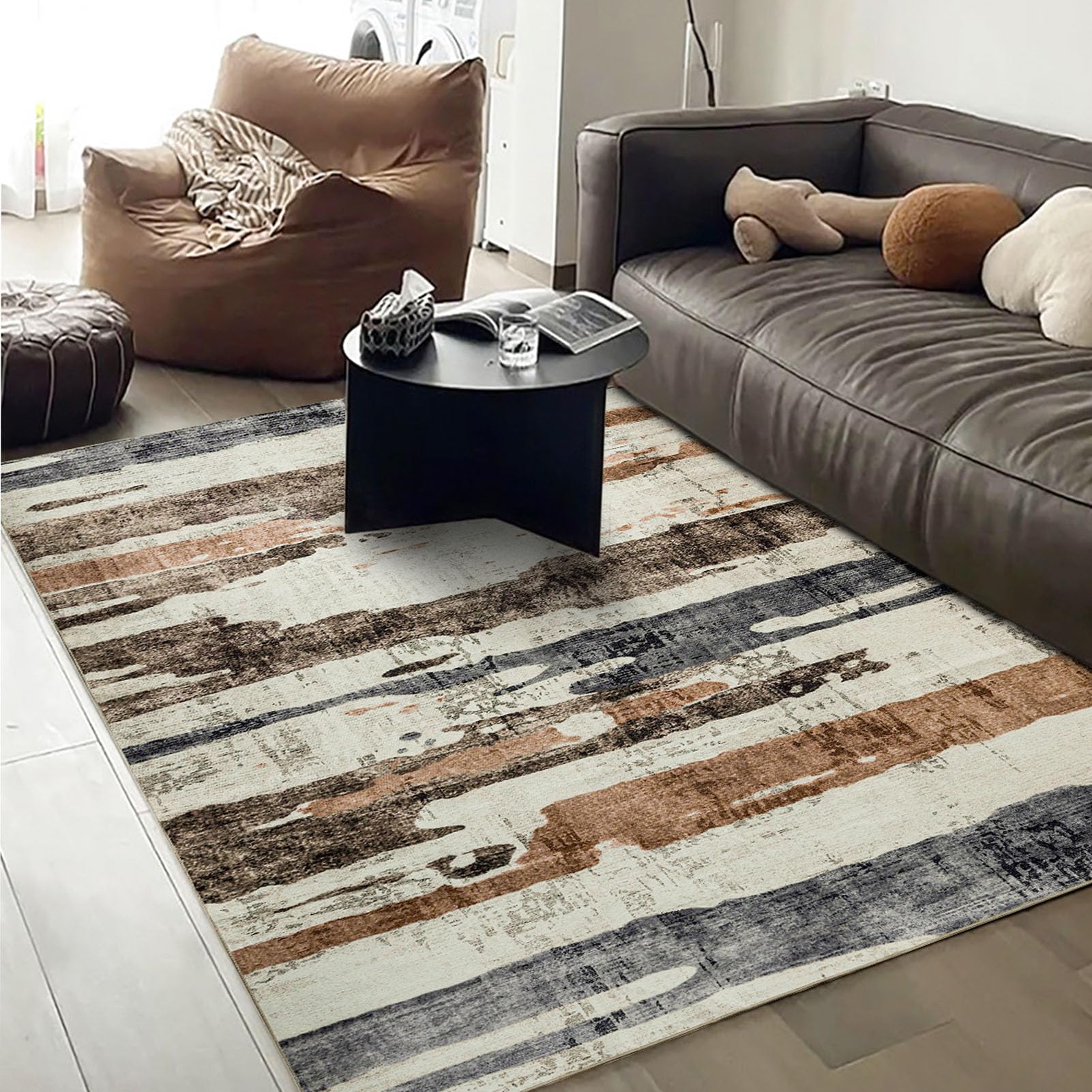 OMERAI Washable Rug 6'x9' Abstract Machine Washable Rugs Ultra-Thin Area Rugs for Living Room Non Slip Stain Resistant Modern Carpet for Bedroom Dining Room Office Kitchen Brown Rug Washable (Brown)