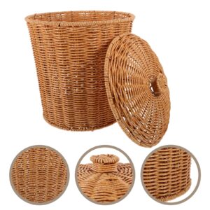 VICASKY Storage Basket with Lid Dirty Clothes Wicker Waste Basket Bedroom Storage Basket Containers with Lids Wicker Trash Can Rattan Waste Basket Woven Garbage Basket Seaweed Bracket Pp