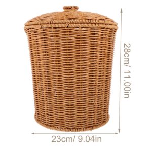 VICASKY Storage Basket with Lid Dirty Clothes Wicker Waste Basket Bedroom Storage Basket Containers with Lids Wicker Trash Can Rattan Waste Basket Woven Garbage Basket Seaweed Bracket Pp