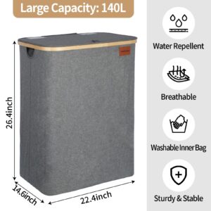 BESHOOME Grey Laundry Hamper with Lid, 140L Extra Large Laundry Basket, 2 Section Laundry Hamper, Laundry Hamper with Handle and Removable Bags, Double Laundry Hamper, Foldable Dirty Clothes Hamper