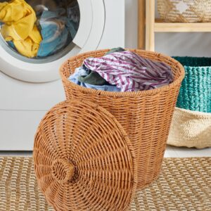 VICASKY Storage Basket with Lid Dirty Clothes Wicker Waste Basket Bedroom Storage Basket Containers with Lids Wicker Trash Can Rattan Waste Basket Woven Garbage Basket Seaweed Bracket Pp