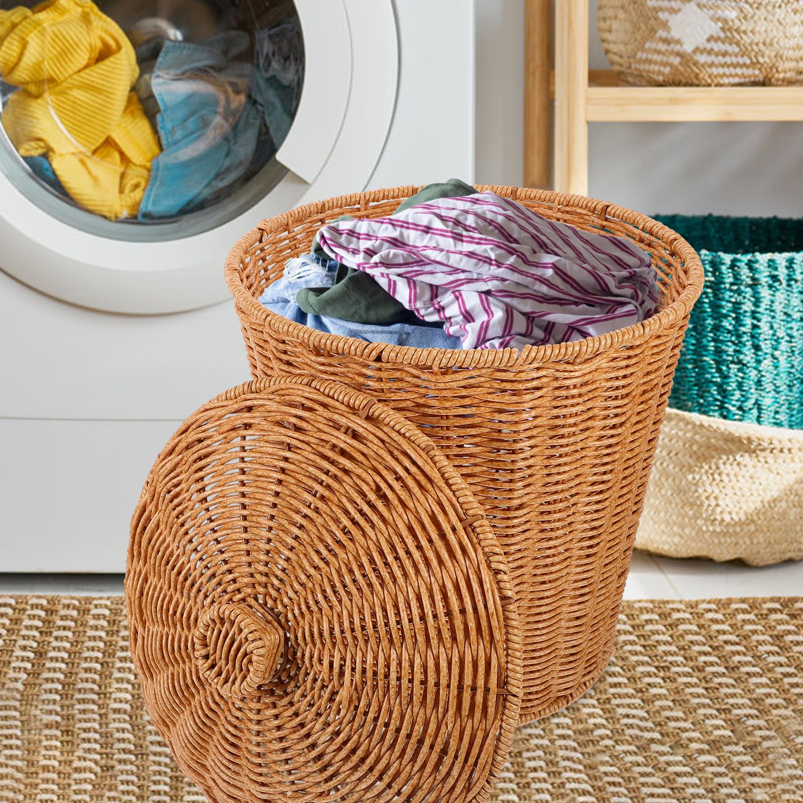 VICASKY Storage Basket with Lid Dirty Clothes Wicker Waste Basket Bedroom Storage Basket Containers with Lids Wicker Trash Can Rattan Waste Basket Woven Garbage Basket Seaweed Bracket Pp