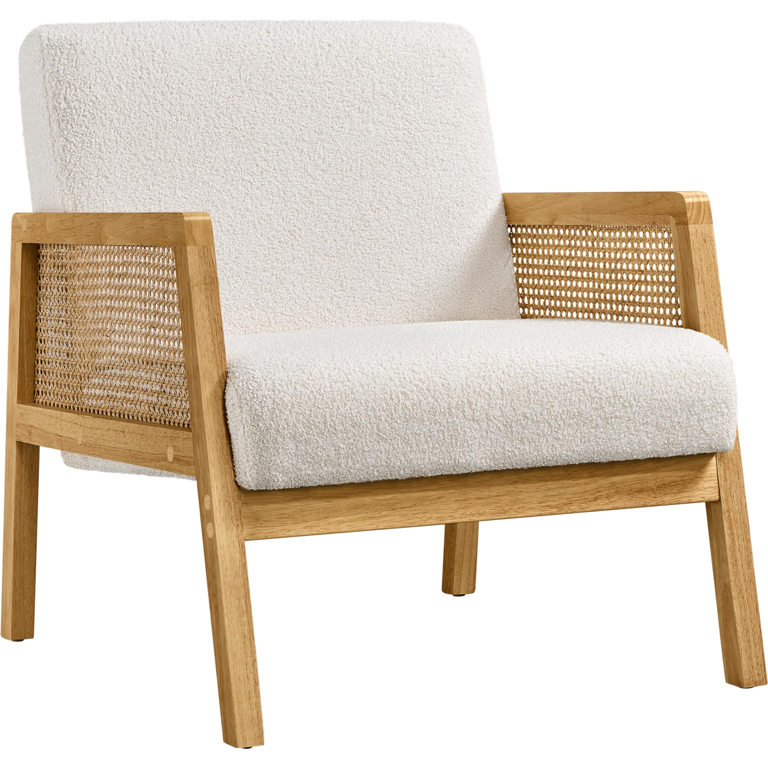 Yaheetech Boucle Fabric Accent Chair, Vintage Rattan Vanity Chair with Wood Armrest and Legs for Living Room Bedroom Makeup Room, Ivory 1